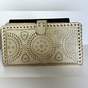 Madison West Biege Leather Gold Trim Laser Cut Clutch Wallet
